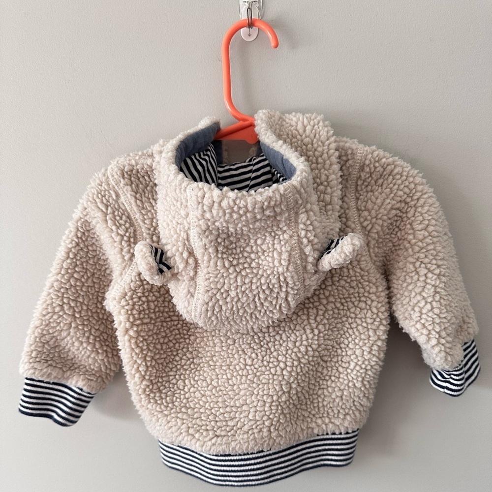 Baby Boden 3-6 Months Sherpa Fleece Bear Hooded Jacket Cream Plush Zip - Picture 3 of 9